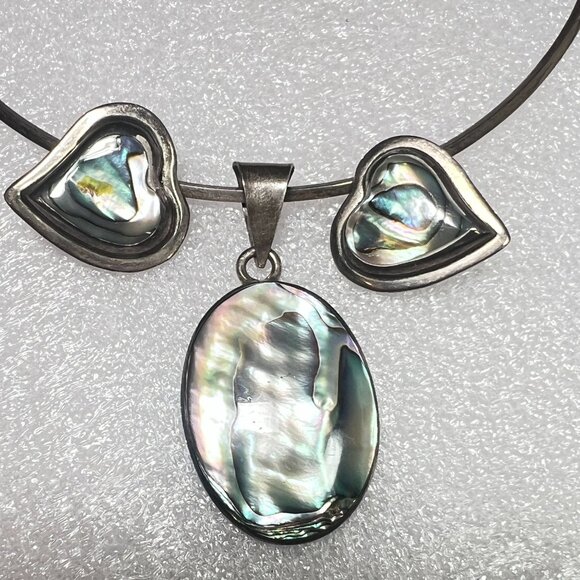 Vtg 925 Silver Abalone Pendant & Earrings JRI & ATI MX 925 Torque Choker Necklac - Picture 2 of 11